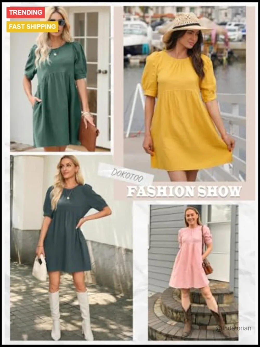 Summer Crewneck Puff Sleeve Babydoll Empire Waist Mini Swing Skater Dress with